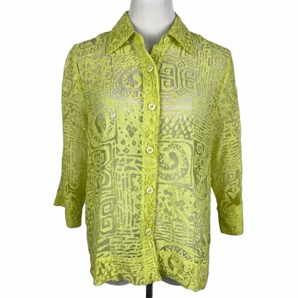 Ruby‎ Rd. Semi-Sheer Button Down Blouse Women's 12 Petite Yellow 3/4 Sleeve